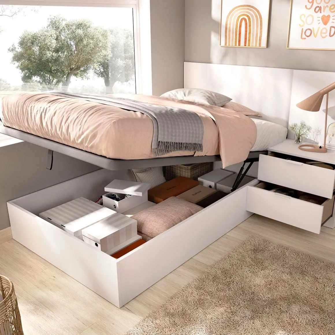 Composición de dormitorio Pack Flow cabecero con mesita y canapé abatible blanco 96x141x190 cm