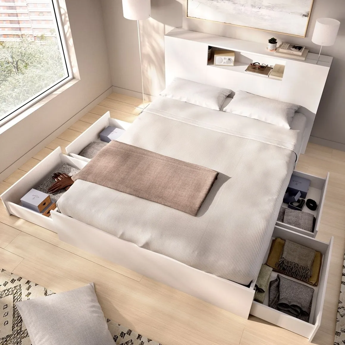 Composición de dormitorio Pack Ten cabecero con canapé 4 cajones blanco 95,5x160x243,2 cm