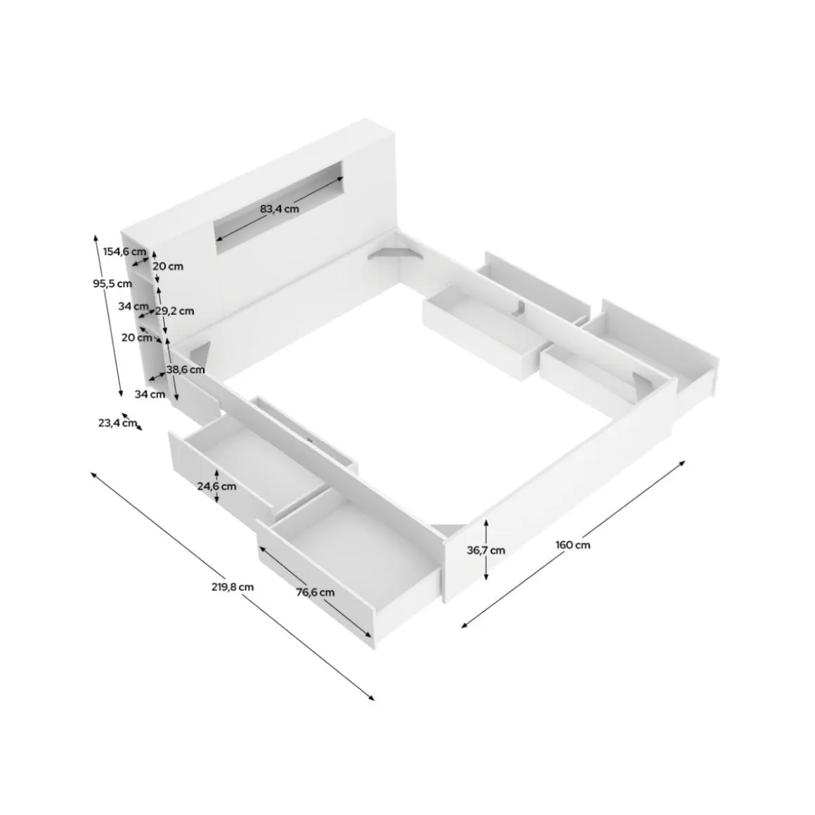 Composición de dormitorio Pack Ten cabecero con canapé 4 cajones blanco 95,5x160x243,2 cm