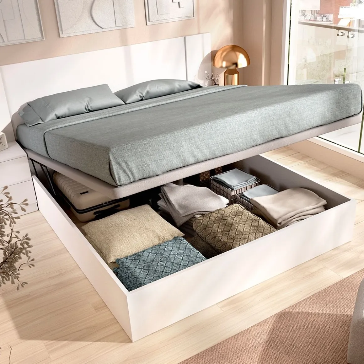 Composición de dormitorio Pack Len cabecero con mesitas de noche y canapé blanco 96x251x190 cm