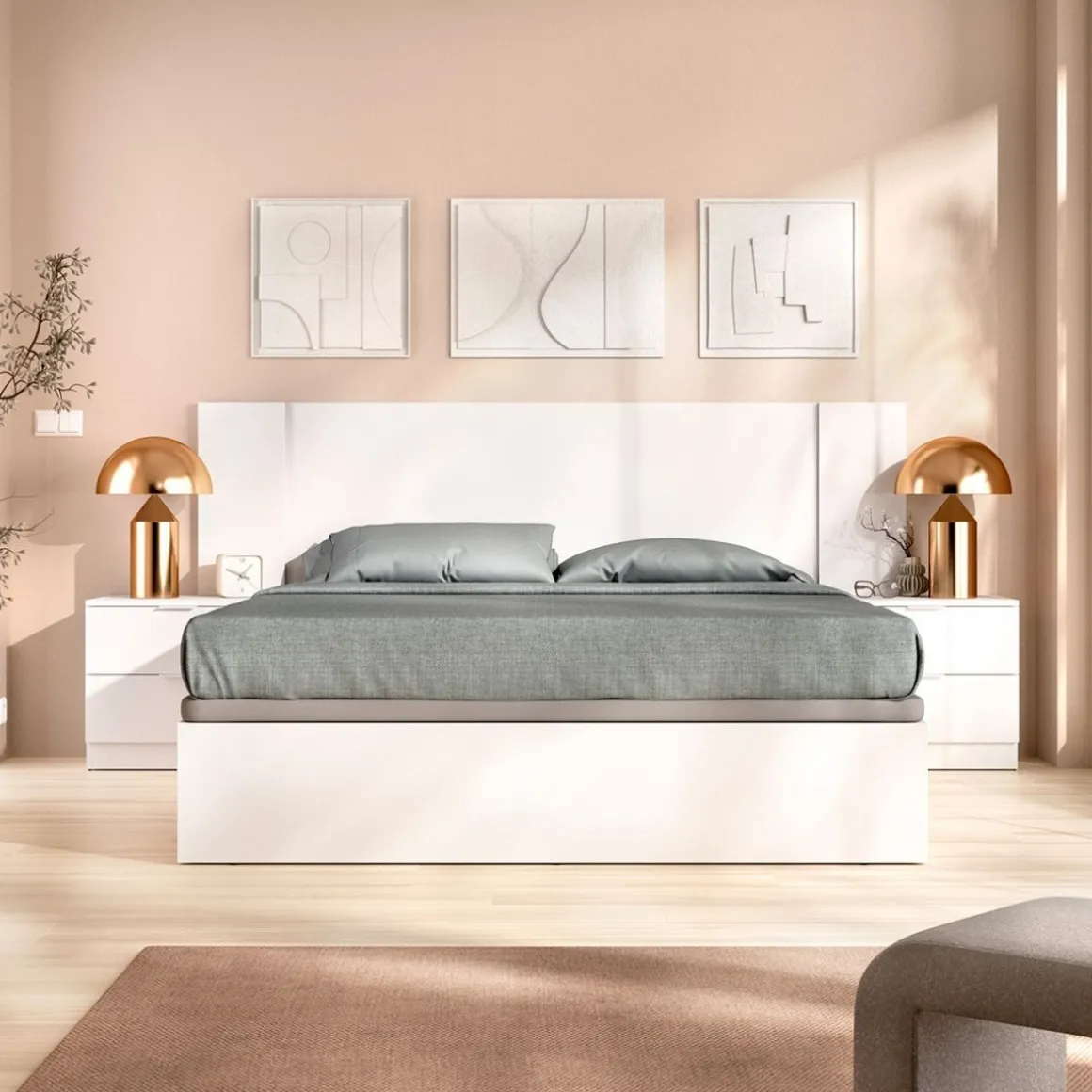 Composición de dormitorio Pack Len cabecero con mesitas de noche y canapé blanco 96x251x190 cm