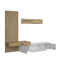 Composición de salón Basi mueble de TV + estante + panel blanco/natural