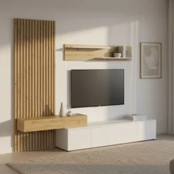 Composición de salón Basi mueble de TV + estante + panel blanco/natural