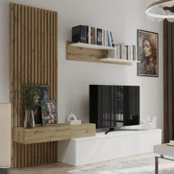 Composición de salón Basi mueble de TV + estante + panel blanco/natural