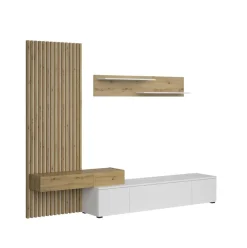 Composición de salón Basi mueble de TV + estante + panel blanco/natural