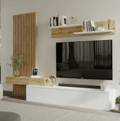 Composición de salón Basi mueble de TV + estante + panel blanco/natural