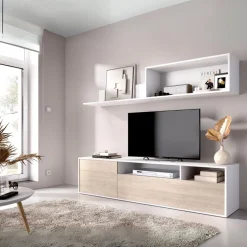 Composición de salón Bay mueble bajo + módulo superior blanco/natural 180 cm