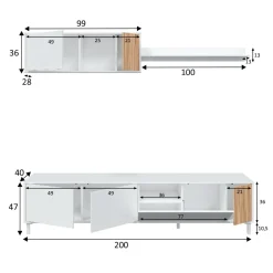 Composición de salón Ethna mueble bajo TV con módulo superior blanco Artik/natural