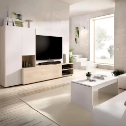 Composición de salón Kei mueble bajo + módulo lateral blanco/natural 227 cm