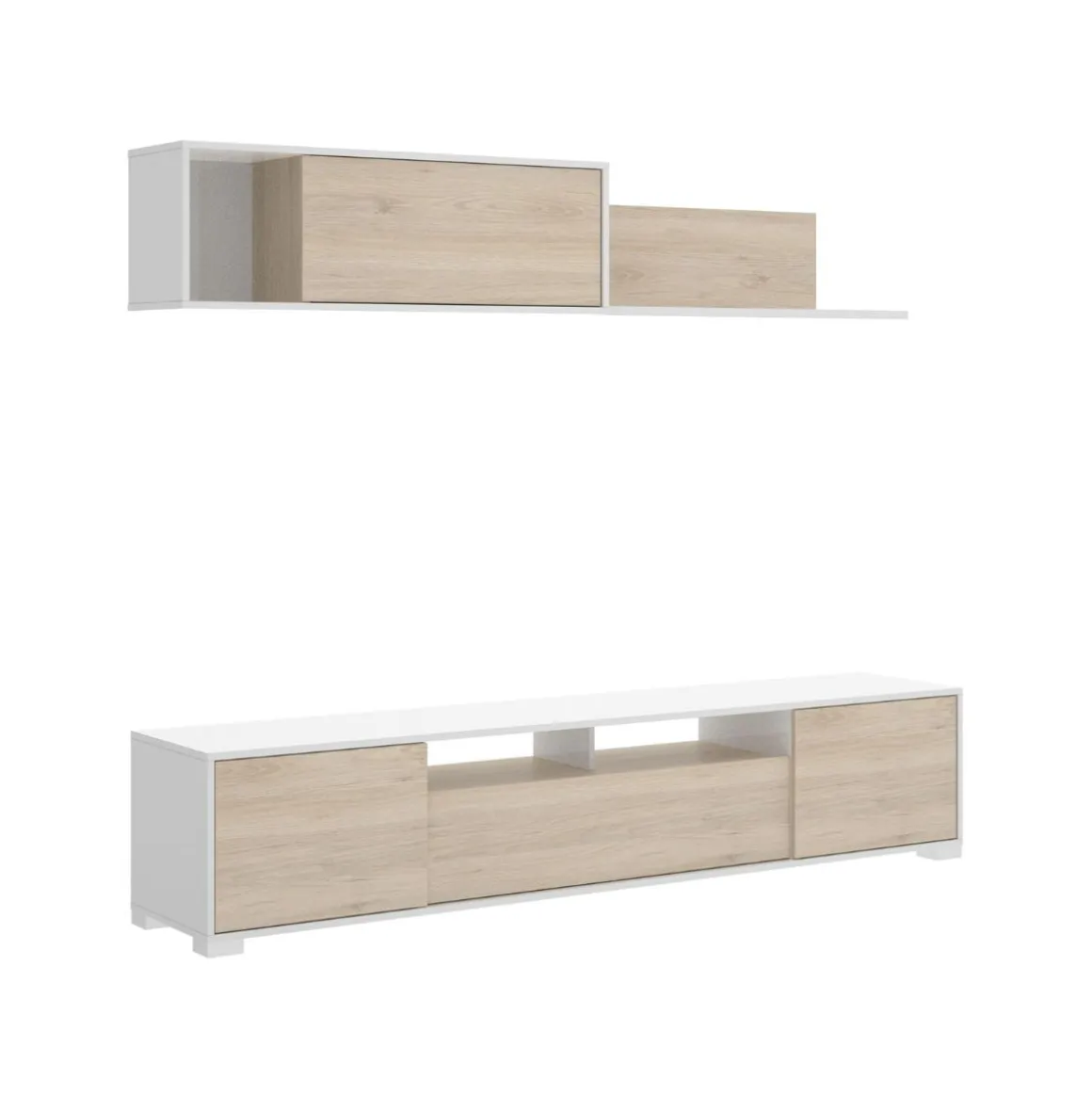 Composición de salón Ken con módulo alto y mueble de TV blanco/natural