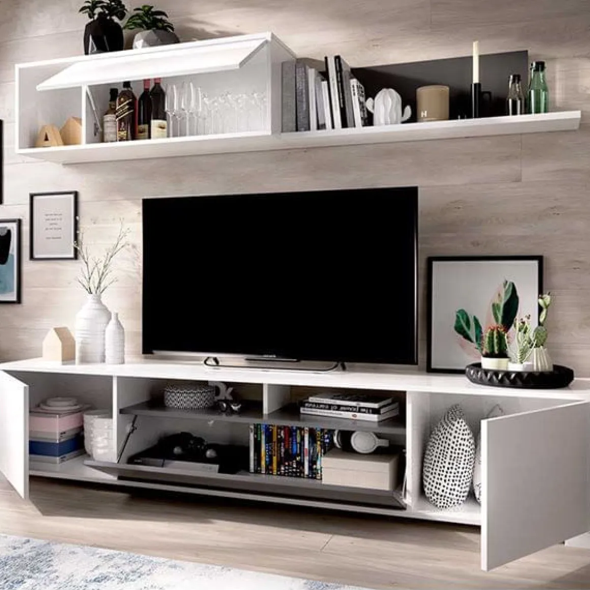 Composición de salón Ken mueble de TV y módulo superior blanco brillo/grafito