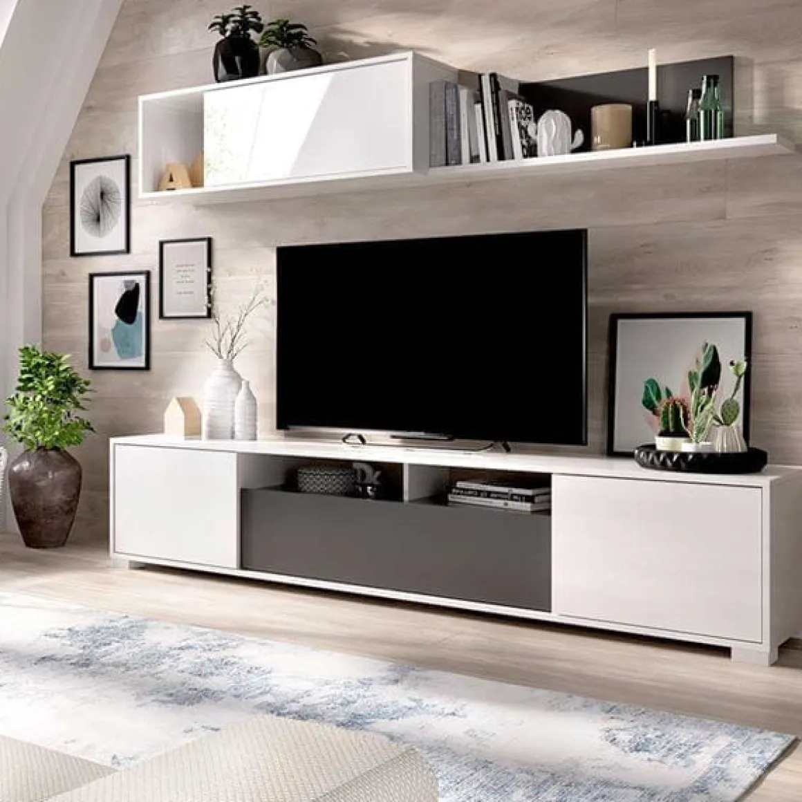 Composición de salón Ken mueble de TV y módulo superior blanco brillo/grafito