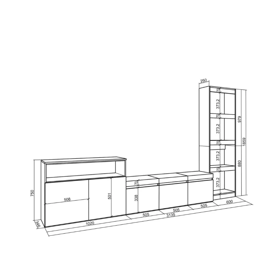 Composición de salón Kroma con estantería lateral derecha 185,9x313,5x34,6 cm