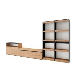 Composición de salón Kroma con estantería a la derecha natural/negro 185,9x373,5x34,6 cm
