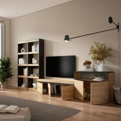 Composición de salón Kroma con estantería a la izquierda natural/negro 185,9x373,5x34,6 cm
