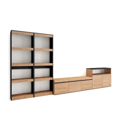 Composición de salón Kroma con estantería a la izquierda natural/negro 185,9x373,5x34,6 cm
