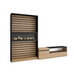 Composición de salón Kroma mueble de TV con chimenea izquierda natural/negro 185,9x262,9x34,6 cm