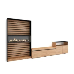 Composición de salón Kroma con chimenea a la izquierda natural/negro 185,9x363,9x34,6 cm