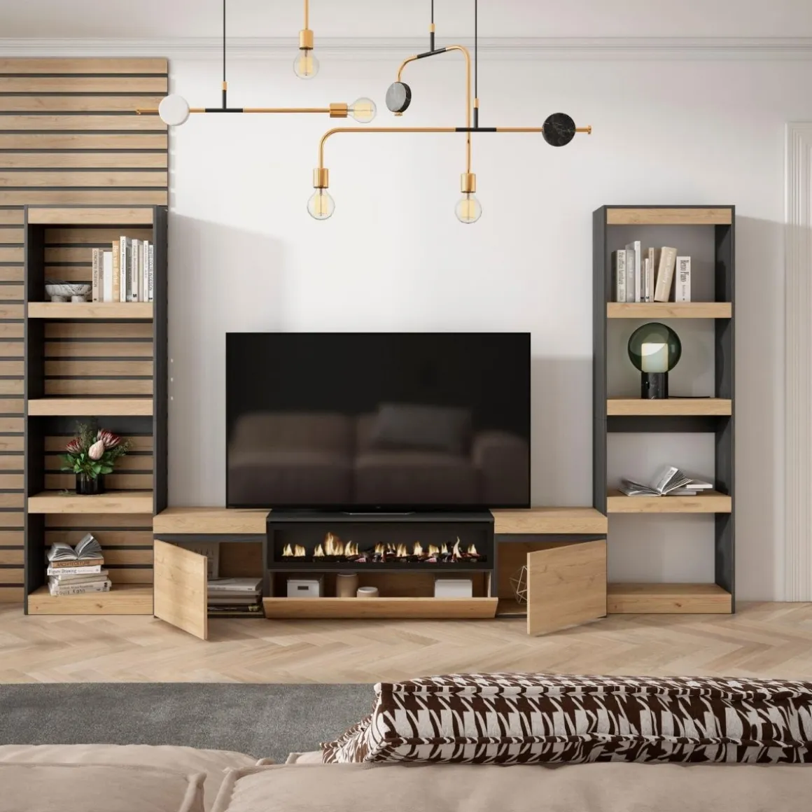 Composición de salón Kroma 2 estanterías y chimenea central natural/negro 185,9x323x34,6 cm