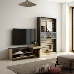 Composición de salón Kroma mueble de TV con chimenea derecha natural/negro 185,9x262,9x34,6 cm