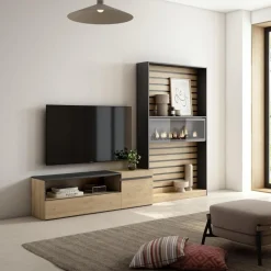 Composición de salón Kroma mueble de TV con chimenea derecha natural/negro 185,9x262,9x34,6 cm