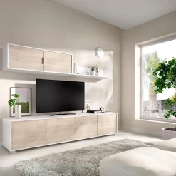 Composición de salón Lima mueble bajo + módulo superior blanco/natural 200 cm