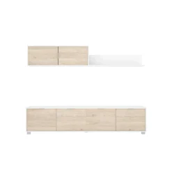 Composición de salón Lima mueble bajo + módulo superior blanco/natural 200 cm