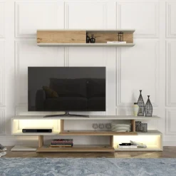 Composición de salón Manyetik mueble de TV + estante de pared blanco/natural