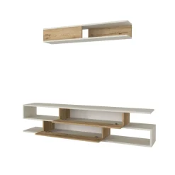 Composición de salón Manyetik mueble de TV + estante de pared blanco/natural
