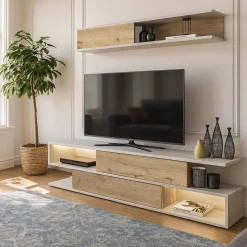Composición de salón Manyetik mueble de TV + estante de pared blanco/natural