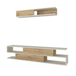 Composición de salón Manyetik mueble de TV + estante de pared blanco/natural