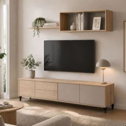 Composición de salón Myra mueble de TV y módulo superior blanco/gris 200 cm