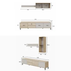 Composición de salón Myra mueble de TV y módulo superior blanco/gris 200 cm