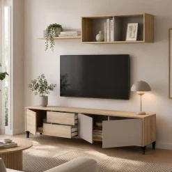 Composición de salón Myra mueble de TV y módulo superior blanco/gris 200 cm