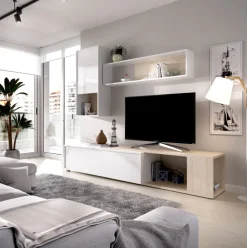 Composición de salón Obi módulo superior con vitrina y mueble de TV blanco/natural