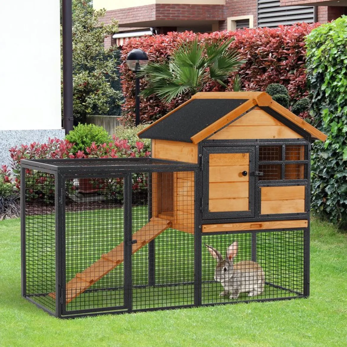 Conejera PawHut 2 niveles con rampa madera/negro 92x122x61 cm
