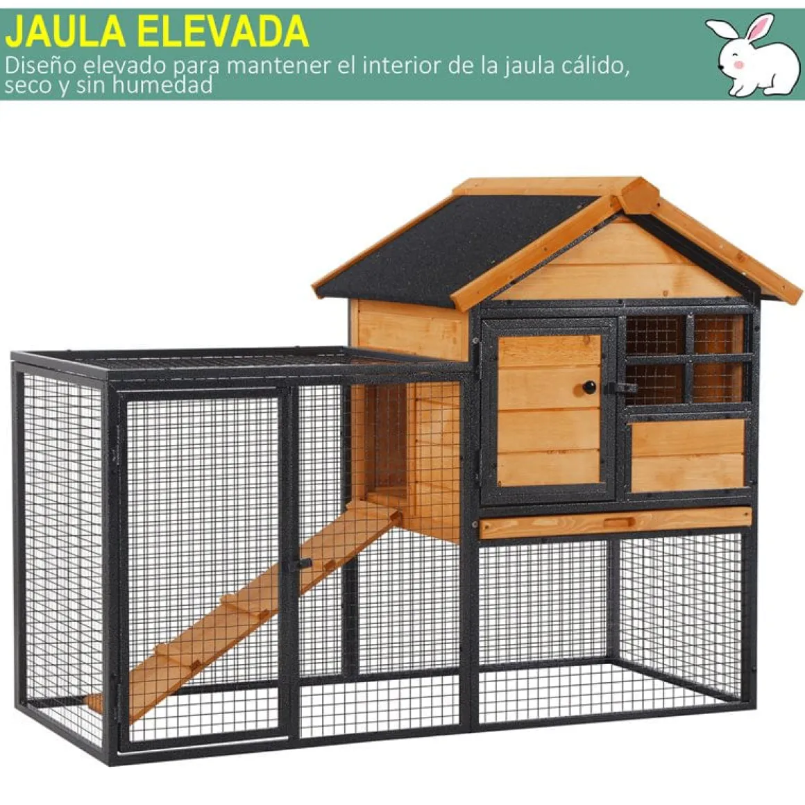 Conejera PawHut 2 niveles con rampa madera/negro 92x122x61 cm