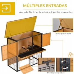 Conejera PawHut 2 niveles con rampa+techo asfáltico natural/negro 81x89,5x45 cm
