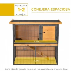 Conejera PawHut 2 niveles con rampa+techo asfáltico natural/negro 81x89,5x45 cm