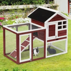 Conejera PawHut 2 niveles con rampa granate 92x122x62,6 cm