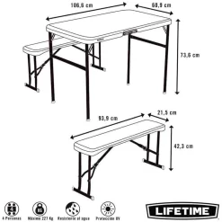 Conjunto de camping plegable Lifetime mesa+2 bancos beige