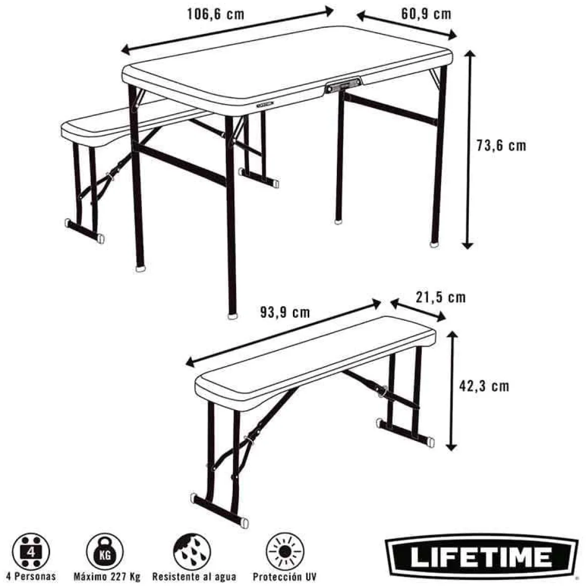 Conjunto de camping plegable Lifetime mesa+2 bancos beige