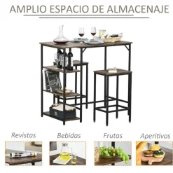 Conjunto de cocina Homcom mesa alta con estantes+2 taburetes negro/ marrón rústico