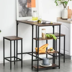 Conjunto de cocina Homcom mesa alta con estantes+2 taburetes negro/ marrón rústico