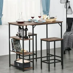 Conjunto de cocina Homcom mesa alta con estantes+2 taburetes negro/ marrón rústico