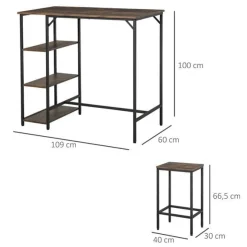 Conjunto de cocina Homcom mesa alta con estantes+2 taburetes negro/ marrón rústico
