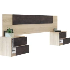 Conjunto de dormitorio Alaya cabezal + 2 mesitas natural/grafito