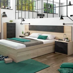 Conjunto de dormitorio Alaya cabezal + 2 mesitas natural/grafito
