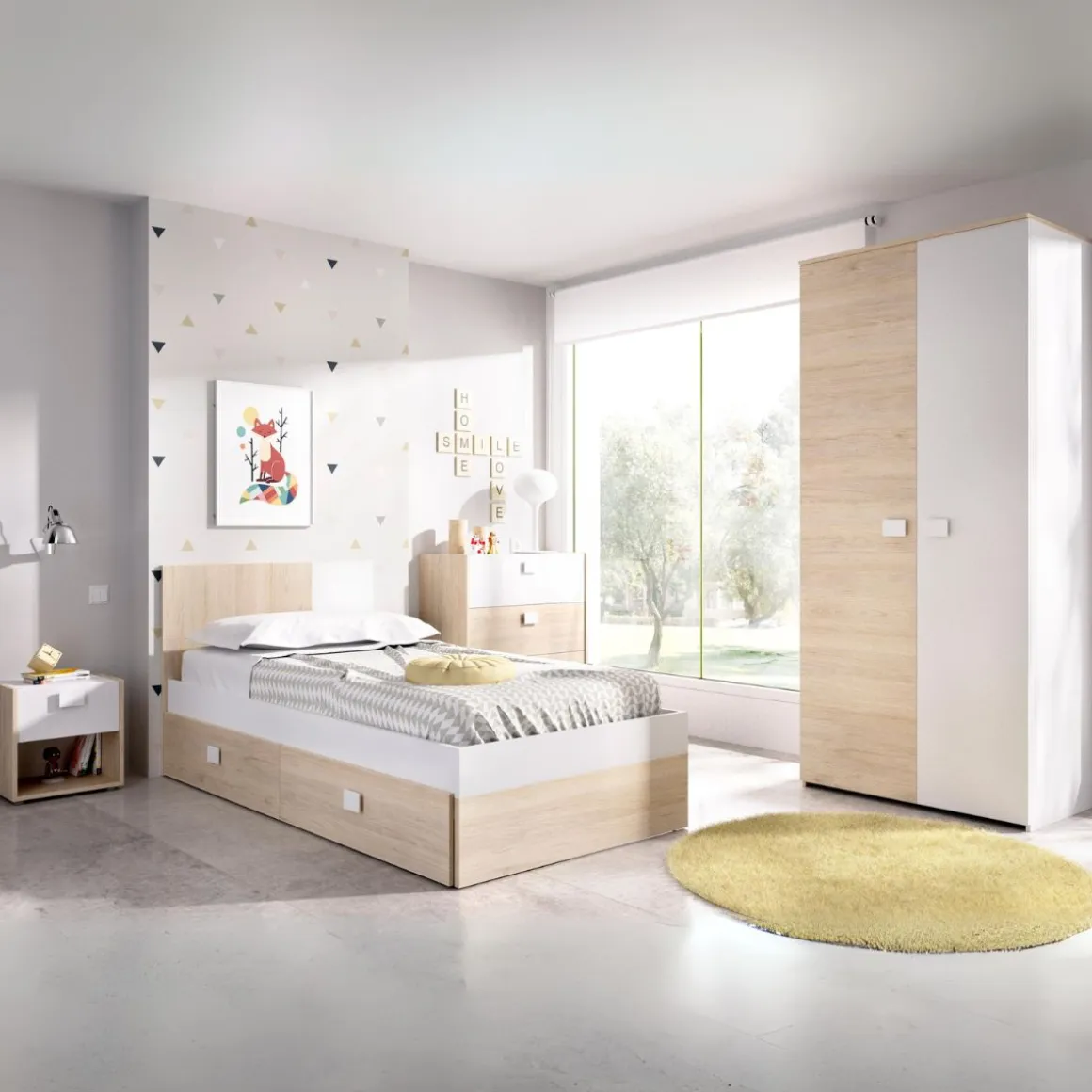 Conjunto de dormitorio Dina Pack 4 armario + cómoda + mesita + cama blanco/natural
