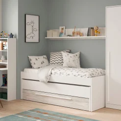 Conjunto de dormitorio Elliot cama nido + estante + cajón blanco gris